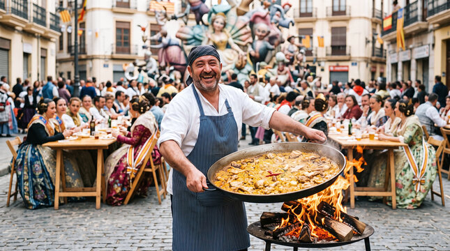 Cheerful chef holding fresh paella over open fire during Las Fallas festival