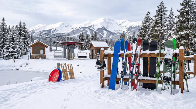 ski resort with colorful skis snowboards sleds and ski lift against background of snow-covered mountains and coniferous forest in winter
