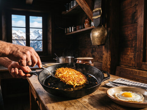 Chef flipping traditional Swiss rosti in cast iron skillet in rustic ski hut