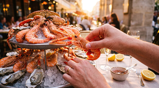 Hands reaching for fresh langoustine from seafood tower at restaurant terrace