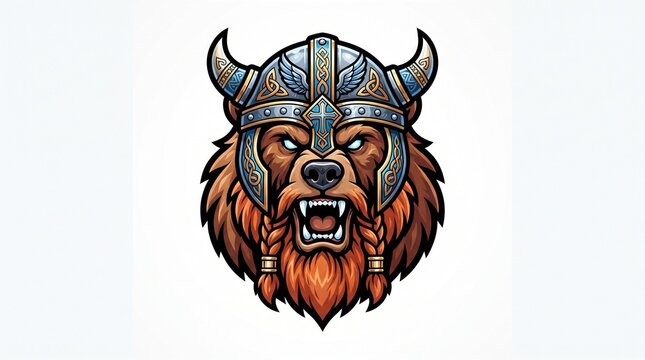 Fierce Viking bear head mascot roaring with glowing blue eyes and sharp fangs, wearing silver horned helmet with Norse knots and wings, braided beard, bold esports logo on white background