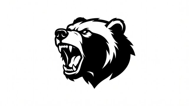 Side profile roaring bear head logo, bold black and white style, sharp fangs, fierce eye, thick fur details, wild predator mascot on white background!