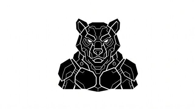 Futuristic cyber bear bust logo, black geometric armor plates with white tech linework, glowing eyes, bold minimal esports mascot on white background!