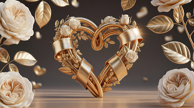Golden heart wreath with cream roses during celebration conveying love and romance