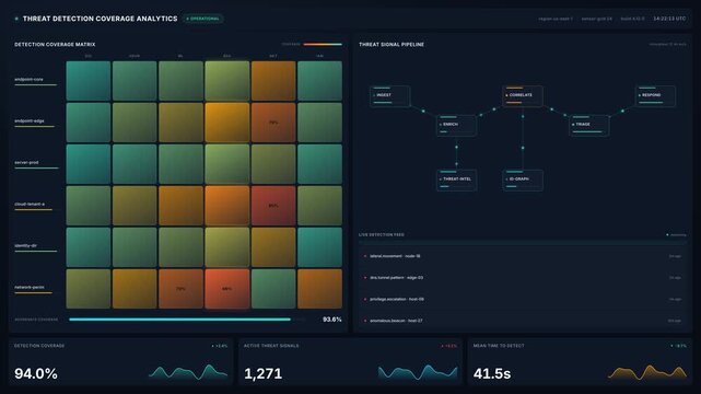 Security analyst monitoring cyber threat detection coverage analytics dashboard in 4k, for risk monitoring, network defense, incident response, data security