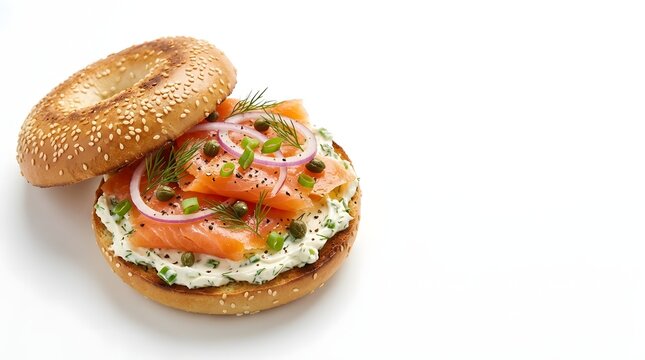 Sesame bagel topped with smoked salmon, cream cheese, capers, red onion and fresh dill on white background.