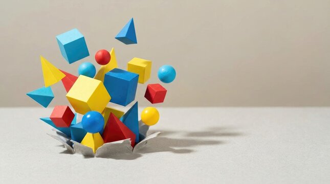 Colorful geometric shapes are suspended in mid-air, seemingly emerging from a hole in a gray surface. The shapes include cubes, spheres, and triangles in shades of blue, red, yellow, and orange.