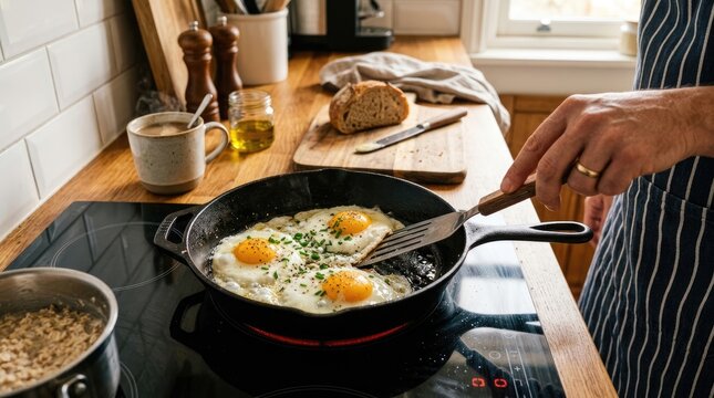A man is cooking eggs in a cast iron skillet on an electric stovetop. He is wearing a striped apron and holding a spatula to flip the eggs.
