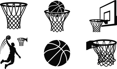 Basketball Hoop and Ball Silhouette Icon Set Vector with Backboard and Slam Dunk Player Graphic Elements for Sports Tournament Logo Designs © MdRashed