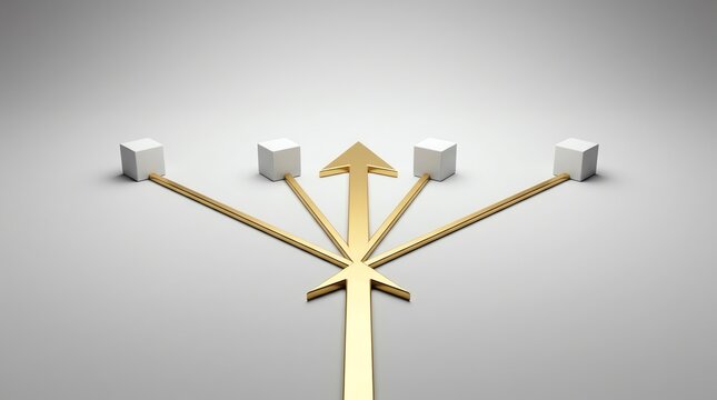 Gold arrow splitting into multiple directions connecting to white cubes on a grey background
