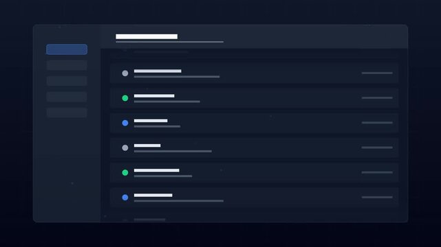 Abstract motion graphics animation of a modern user activity dashboard interface featuring a scrolling list of elements with colorful status indicators on a dark UI background for software.