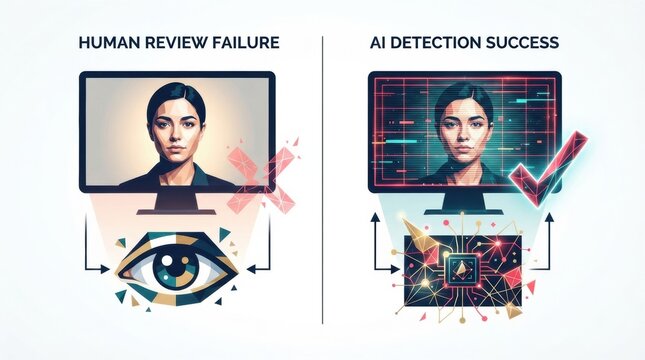A comparison of human review failure against AI detection success in identity verification and cybersecurity is displayed.