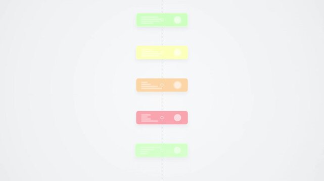 Modern minimalist vertical infographic sequence featuring five colorful geometric step boxes on a clean white background, ideal for business process flow, project milestones, and UI design templates.