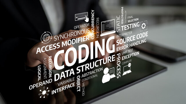 Digital collage showcasing hands holding a tablet surrounded by essential coding terms and concepts, representing the complexity and art of programming in modern technology. Tessel