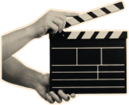 Retro halftone hand holding movie clapperboard art collage on transparent background. Vector illustration.