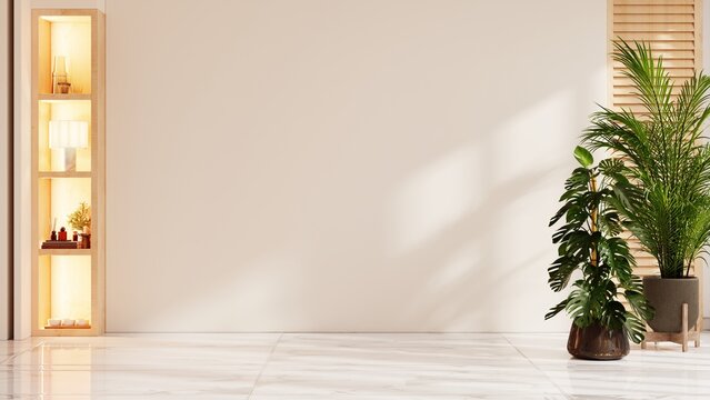 Blank beige wall with tropical plants and illuminated wooden shelves- 3D rendering