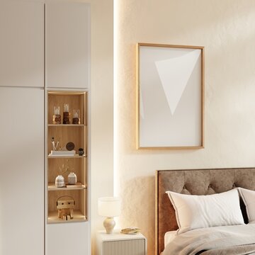 Blank wooden picture frame above a bed in a cozy neutral bedroom- 3D rendering