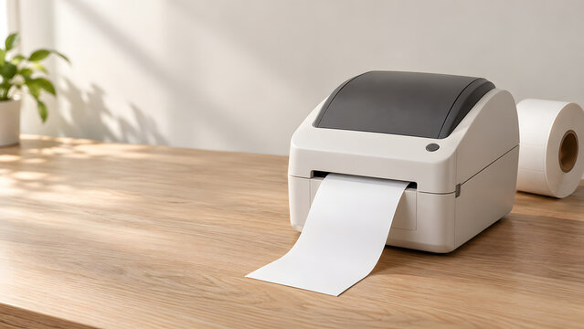 Compact Label Printer with Blank Paper on a Wooden Desk