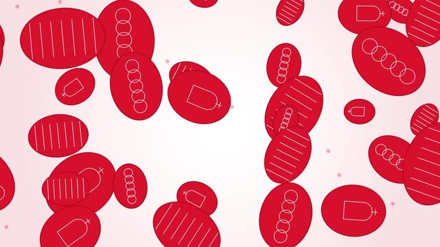 Abstract red background with falling circular shapes featuring thin line art icons circular elements floating shapes graphic design minimalist style pattern design