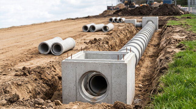 Concrete drainage pipes laid in a trench at a construction site with corrugated pipe and earthworks