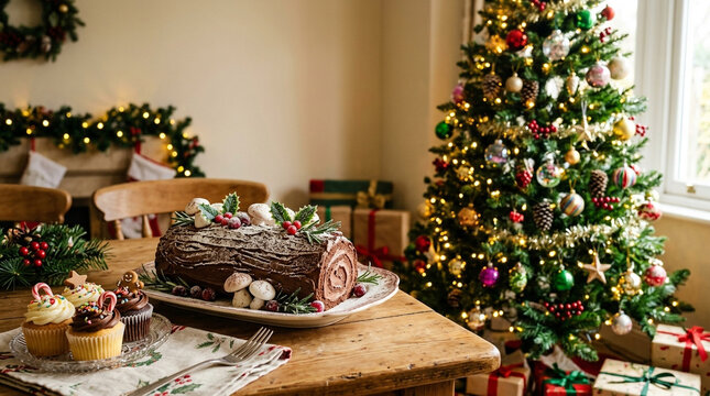 A delicious chocolate Yule log decorated with berries and meringue sits on a festive dining table with a lit Christmas tree