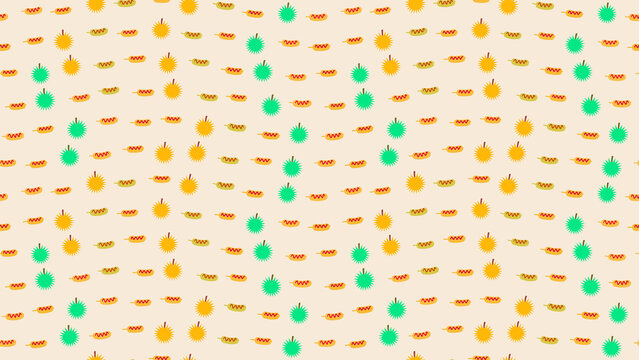 Pattern of stylized suns, durians, and corn dogs