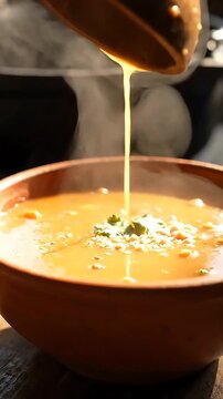 Traditional African Food Steaming Peanut Soup Being Poured Into a Clay Bowl 4K Upscaled