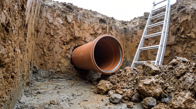 Large orange PVC sewer pipe installed in a deep excavation trench with an aluminum ladder