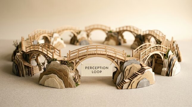 Miniature wooden bridges forming continuous perception loop over rocky terrain