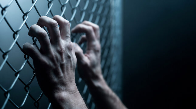 Hands gripping chain link fence in dark moody light, confinement and freedom concept with copy space