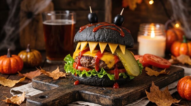 Monster black burger with cheese teeth, olives and ketchup on rustic wooden board with autumn decorations