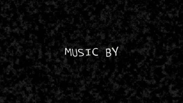 Ghostly crew credits reading MUSIC BY and EDITED BY emerge over grainy black texture with drifting smoke wisps. Spooky horror title animation for film openings and trailers.