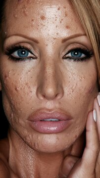 A candid close up portrait of an individual with acne scars and uneven skin tone making a funny quirky expression.