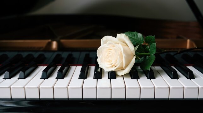 White rose resting on piano keys in dim lighting