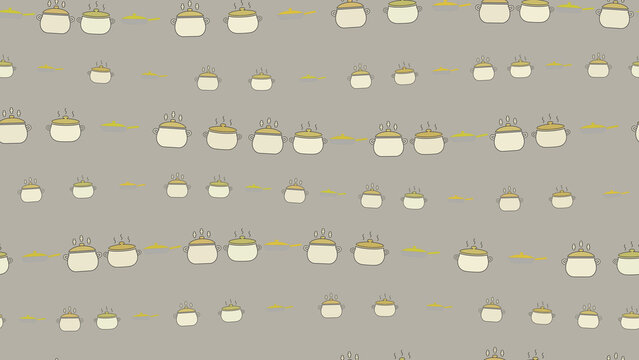 Seamless pattern of cooking pots and pans with steam