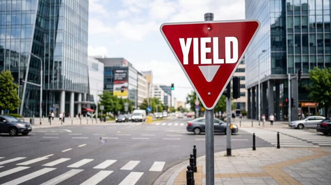 Red yield road sign in urban business district with modern