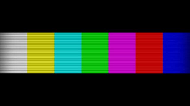 Retro television color bars test pattern with scanlines on black screen