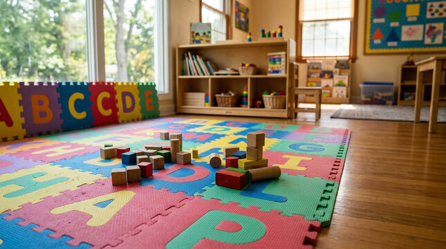 Colorful foam letter mats cover the floor of an empty preschool classroom with wooden building blocks scattered about