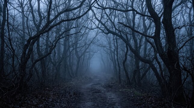 Scary dark forest with winding path and bare trees in deep blue fog during a spooky autumn evening