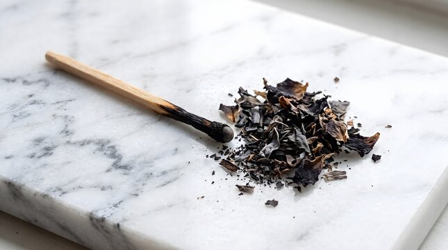 Burnt wooden matchstick beside charred dark petals on marble