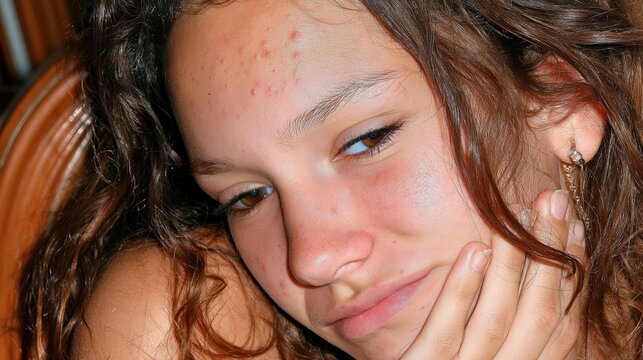 A candid close up portrait of an individual with acne scars and uneven skin tone making a funny quirky expression.