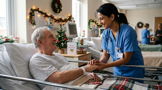 Caring nurse holds the hand of a senior man patient in a hospital room decorated for Christmas