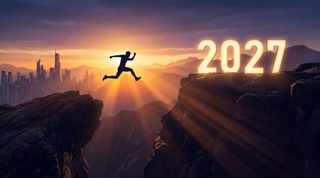 Business growth and future success concept photo. Silhouette of a man jumping across a canyon toward glowing numbers for 2027 at sunset