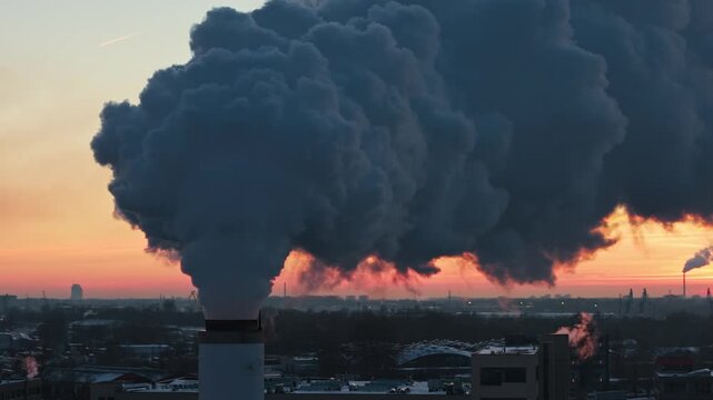 Slow motion steam plume above Riga skyline reveals severe winter heating demand