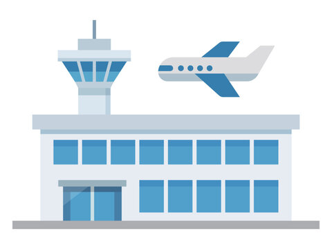 Airport terminal building and control tower with flying airplane vector illustration