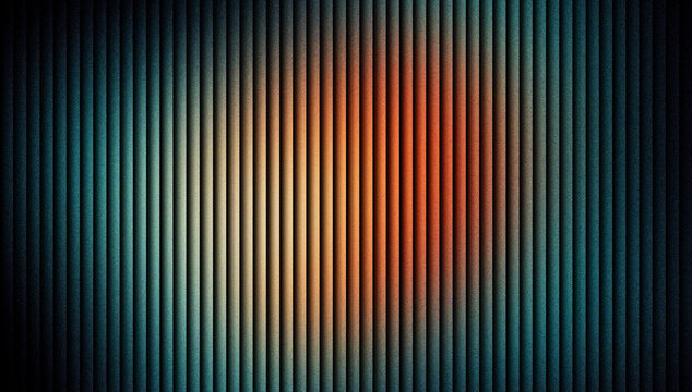 Abstract vertical lines background with teal and orange color gradient, industrial metal texture with rhythmic stripes, dark cinematic lighting on corrugated surface for modern digital design.