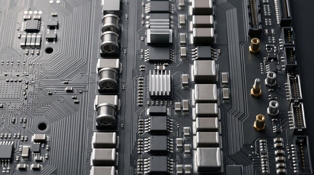 Macro view of a modern black industrial circuit board featuring surface mount components, integrated circuits, copper traces, capacitors, and silver heat sinks.