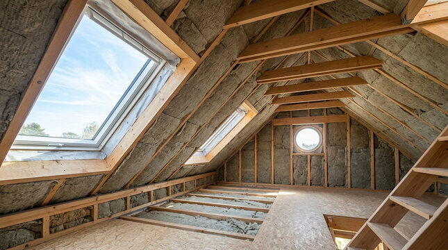 Energy efficient home: an attic undergoing renovation with exposed wooden beams and insulation featuring multiple skylight windows