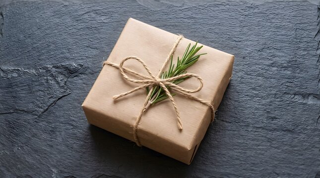Kraft paper wrapped gift box tied with twine and rosemary on slate