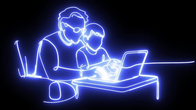Glowing blue line art of grandfather and grandson with laptop, neon continuous line drawing of family using computer, digital education and bonding